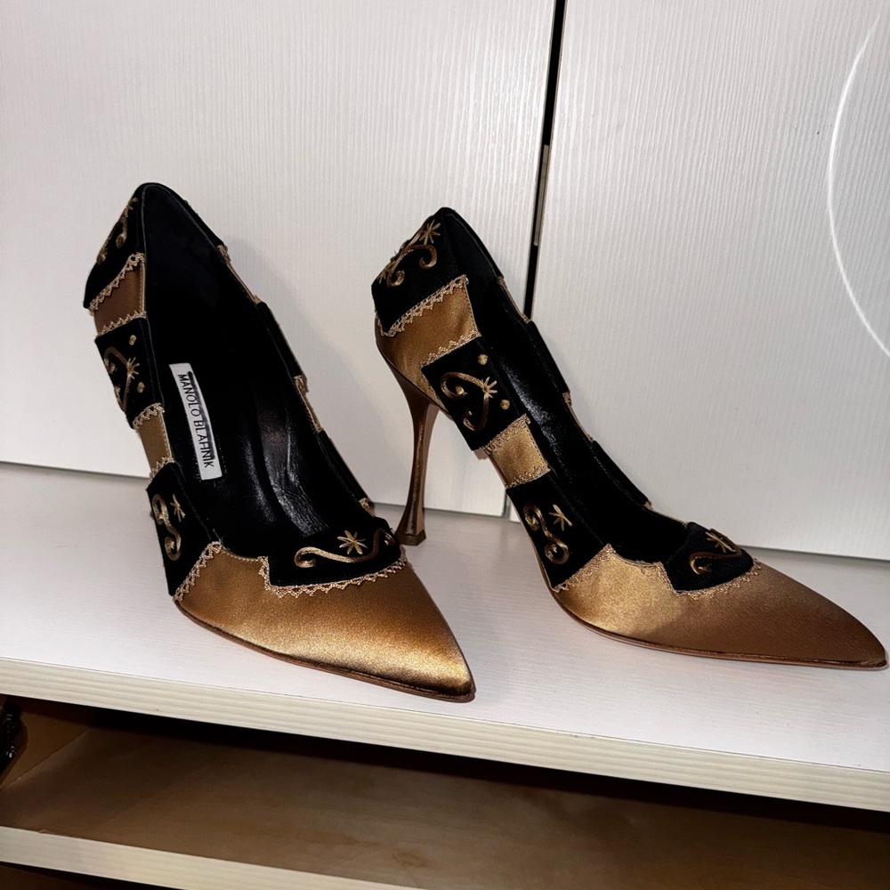 Manolo Blahnik Black and Gold Heels